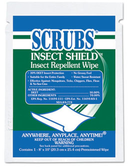 SCRUBS® Insect Shield Insect Repellent Wipes, 8 x 10, White, 100/Carton