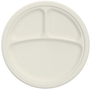 Bare® by Solo® Eco-Forward® Sugarcane (Bagasse) Round 3-Compartment Dinnerware Plates. 10 in. Ivory. 500 per cs (4/125)