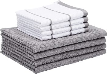 100% Cotton Terry Kitchen Dish Cloth & Towel Set with Popcorn Texture. Grey and White. 8 Piece Set.