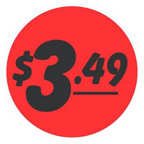 Circular Labels Printed "$3.49." 1.25 in. Black and Red. 1000/roll.