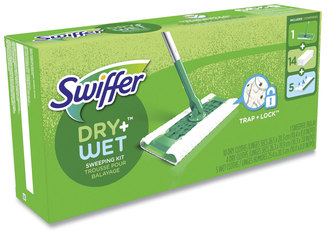 Swiffer® Sweeper Dry+Wet Starter Kit with 14 Dry / 5 Wet Disposable Pads. 10 X 4.8 X 46 in. White. Silver and Green.