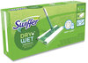 A Picture of product PGC-49947 Swiffer® Sweeper Dry+Wet Starter Kit with 14 Dry / 5 Wet Disposable Pads. 10 X 4.8 X 46 in. White. Silver and Green.
