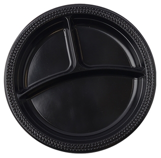 Reform Polypropylene Plates, 10.25'' Round 3-Compartment Plate, Black, 100 Plates/Bag, 400/Case.