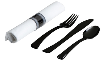 Rolled Cutlery - Black Fork, Spoon, and Knife - White Napkin with Band.  100/Case