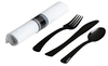 A Picture of product 962-010 Rolled Cutlery - Black Fork, Spoon, and Knife - White Napkin with Band.  100/Case