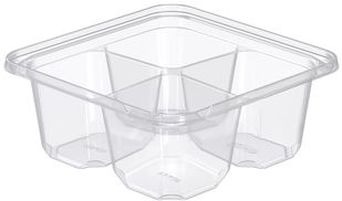 TamperGuard™ 4 Compartment PET Tamper Evident Snack Boxes. 24 oz. 75 boxes/sleeve, 4 sleeves/case.