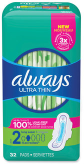 Always® Ultra Thin Pads with Wings, Size 2, Long, Super Absorbent, 32/Pack, 3 Packs/Carton