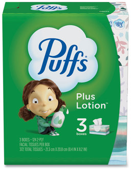 Puffs® Plus Lotion™ Facial Tissue, 2-Ply, White, 124/Box, 3 Box/Pack, 8 Packs/Carton