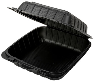 AmerCareRoyal Mineral Filled Polypropylene Hinged Lid Containers. 8 X 8 X 3 in. Black. 200/case.