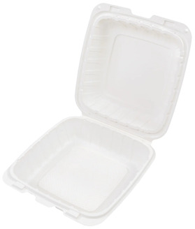 AmerCareRoyal Mineral Filled Polypropylene Hinged Lid Containers. 8 X 8 X 3 in. White. 200/case.