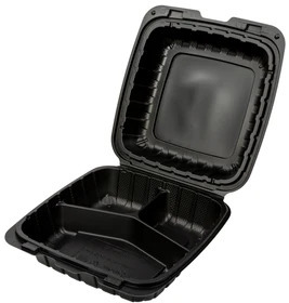 AmerCareRoyal Mineral Filled Polypropylene Hinged Lid 3-Compartment Containers. 8 X 8 X 3 in. Black. 200/case.