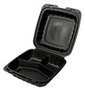 A Picture of product ACR-MFHL8833CB AmerCareRoyal Mineral Filled Polypropylene Hinged Lid 3-Compartment Containers. 8 X 8 X 3 in. Black. 200/case.