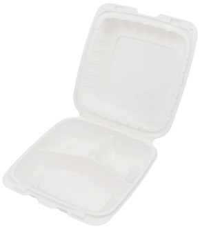 AmerCareRoyal Mineral Filled Polypropylene Hinged Lid 3-Compartment Containers. 8 X 8 X 3 in. White. 200/case.