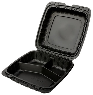 AmerCareRoyal Mineral Filled Polypropylene Hinged Lid 3-Compartment Containers. 9 X 9 X 3 in. Black. 150/case.