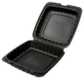 AmerCareRoyal Mineral Filled Polypropylene Hinged Lid Containers. 9 X 9 X 3 in. Black. 150/case.