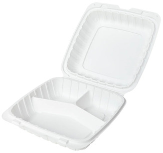 AmerCareRoyal Mineral Filled Polypropylene Hinged Lid 3-Compartment Containers. 9 X 9 X 3 in. White. 150/case.