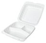 A Picture of product ACR-MFHL9933CW AmerCareRoyal Mineral Filled Polypropylene Hinged Lid 3-Compartment Containers. 9 X 9 X 3 in. White. 150/case.