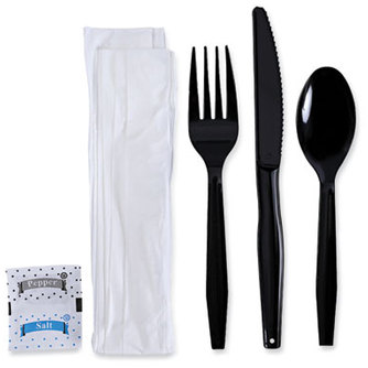 Boardwalk® Mediumweight Polystyrene Six-Piece Cutlery Kits with Fork, Knife, Teaspoon, Napkin, Condiments. Black. 250/carton.