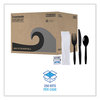 A Picture of product BWK-FKTNSMWPSBLA Boardwalk® Mediumweight Polystyrene Six-Piece Cutlery Kits with Fork, Knife, Teaspoon, Napkin, Condiments. Black. 250/carton.