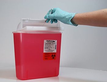 Oakridge Sharps Containers with Mailbox-Style Lids, CDC Certified. 5 qt. Red. 2/pack.