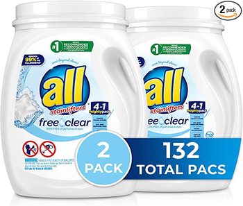 All Mighty Pacs, Super Concentrated Laundry Detergent. Fragrance Free. Natural color. 132 packs.  2 tubs/66packs