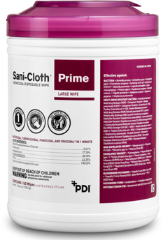 Sani-Cloth® Prime Germicidal Disposable Wipe, Large Canister. 6 X 6.75 in. 160 wipes/canister, 12 canisters/case.