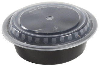 AmerCareRoyal Round Polypropylene To-Go Containers with Lids. 32 oz. 7 X 2 in. Black and Clear. 50 bases and lids/sleeve, 150 sets/case.
