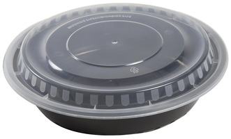 AmerCareRoyal Round Polypropylene To-Go Containers with Lids. 48 oz. 9 X 1 1/2 in. Black and Clear. 150 sets/case.