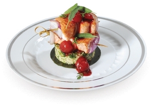 Fineline Silver Splendor Salad Plates. 7.5 in. White and Silver. 15/pack, 10 packs/case.