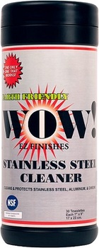 WOW! EZ FINISHES Stainless Steel Cleaner and Protectant Wipes. 7 X 9 in. 30 wipes/canister, 12 canisters/pack.