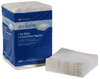 Acclaim® 1 Ply 1/4 Fold Paper Dinner Napkins.  16" x 16".  White Color.  500 Napkins/Sleeve. 8 Sleeves of 500 Per Case