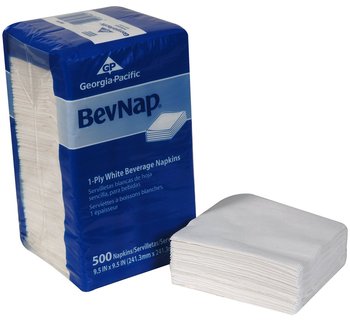 BevNap® 1-Ply Beverage Napkins.  9.5" x 9.5" Napkin.  White Color.  500 Napkins/Package.