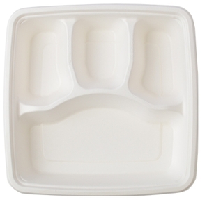 Conserveware Bagasse 4 Section Trays. 9 X 9 in. White. 100 trays/bag, 2 bags/case.