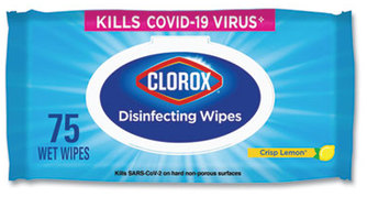 Clorox® Disinfecting Wipes in Easy Pull Flat Pack. 1-Ply. 8 X 7 in. White. Lemon scent. 75 towels/box, 6 boxes/carton.