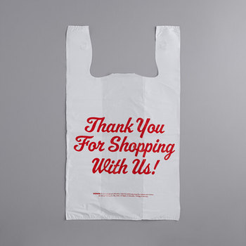 Choice Heavy-Duty Plastic T-Shirt Bag with "Thank You" Print. 1/5 Size. .67 mil. 13 X 8 X 23 in. White. 500/case.