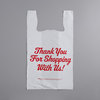 A Picture of product TWS-433NH Choice Heavy-Duty Plastic T-Shirt Bag with "Thank You" Print. 1/5 Size. .67 mil. 13 X 8 X 23 in. White. 500/case.