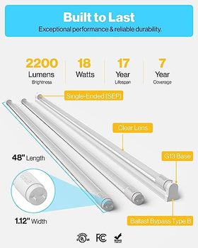 Sunco T8 LED Ballast Bypass Fluorescent Retrofit Replacement Tube Light Bulbs, 5000K Daylight, Single Ended Power (SEP). 4 ft. 10/pack.
