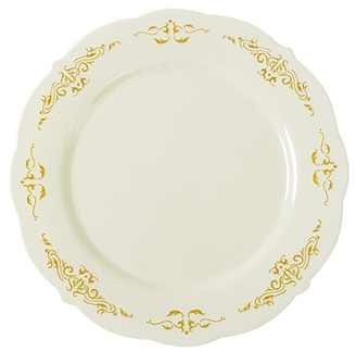 Fineline Settings Heritage Salad Plates. 7.5 in. Bone and Gold. 10 plates/bag, 12 bags/case.