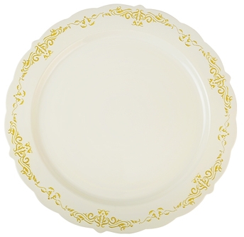 Fineline Settings Heritage Dinner Plates. 10 in. Bone and Gold. 10 plates/bag, 12 bags/case.