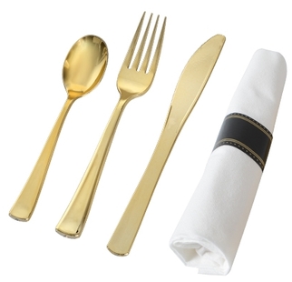 Golden Secrets Napkin Roll with Fork, Spoon, and Knife. Gold. 70 sets/case.