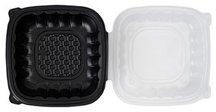ReForm Square Duo Color Hinged Polypropylene Containers. 10 X 10 in. Black and Clear. 100/case.