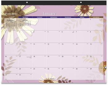AT-A-GLANCE® Paper Flowers Desk Pad Floral Artwork, 22 x 17, Black Binding, Clear Corners, 12-Month (Jan to Dec): 2024