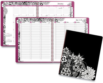Cambridge® Floradoodle Weekly/Monthly Planner Professional Adult Coloring Artwork, 11 x 8.5, Black/White Cover, 12-Month (Jan-Dec):2024