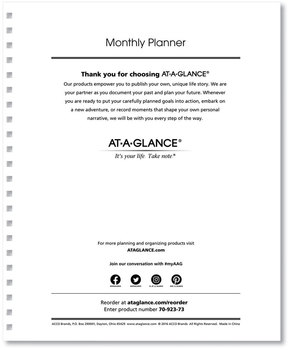 AT-A-GLANCE® Monthly Planner Refill 11 x 9, White Sheets, 12-Month (Jan to Dec): 2023