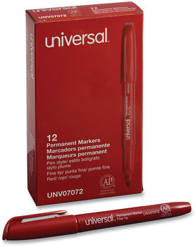 Universal™ Pen-Style Permanent Marker Fine Bullet Tip, Red, Dozen