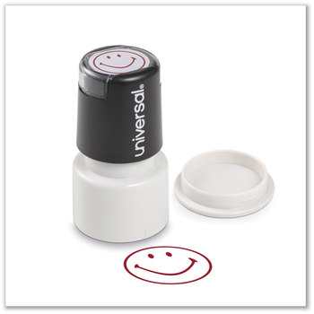 Universal® Pre-Inked One-Color Round Stamp Message SMILEY FACE, Pre-Inked/Re-Inkable, Red