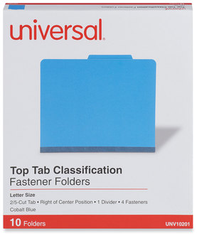 Universal® Bright Colored Pressboard Classification Folders 2" Expansion, 1 Divider, 4 Fasteners, Letter Size, Cobalt Blue, 10/Box