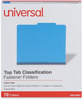 A Picture of product UNV-10201 Universal® Bright Colored Pressboard Classification Folders 2" Expansion, 1 Divider, 4 Fasteners, Letter Size, Cobalt Blue, 10/Box