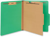 A Picture of product UNV-10202 Universal® Bright Colored Pressboard Classification Folders 2" Expansion, 1 Divider, 4 Fasteners, Letter Size, Emerald Green, 10/Box