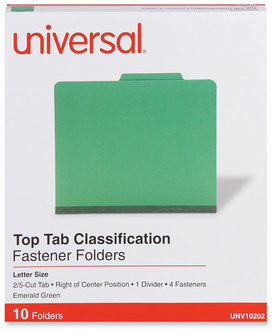 Universal® Bright Colored Pressboard Classification Folders 2" Expansion, 1 Divider, 4 Fasteners, Letter Size, Emerald Green, 10/Box